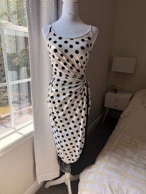 Venus White & Black Polka Dot Ruched Dress with Fringe